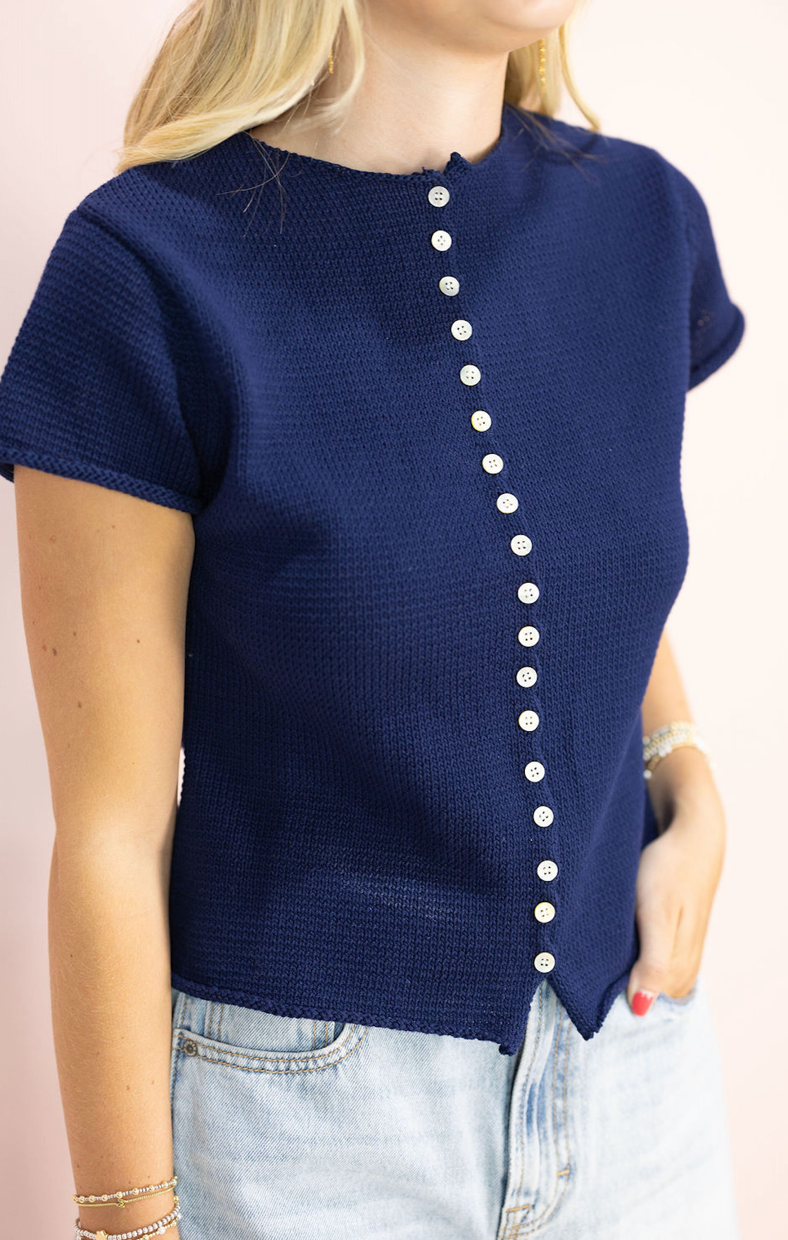 Alana Knit Buttons Top Navy