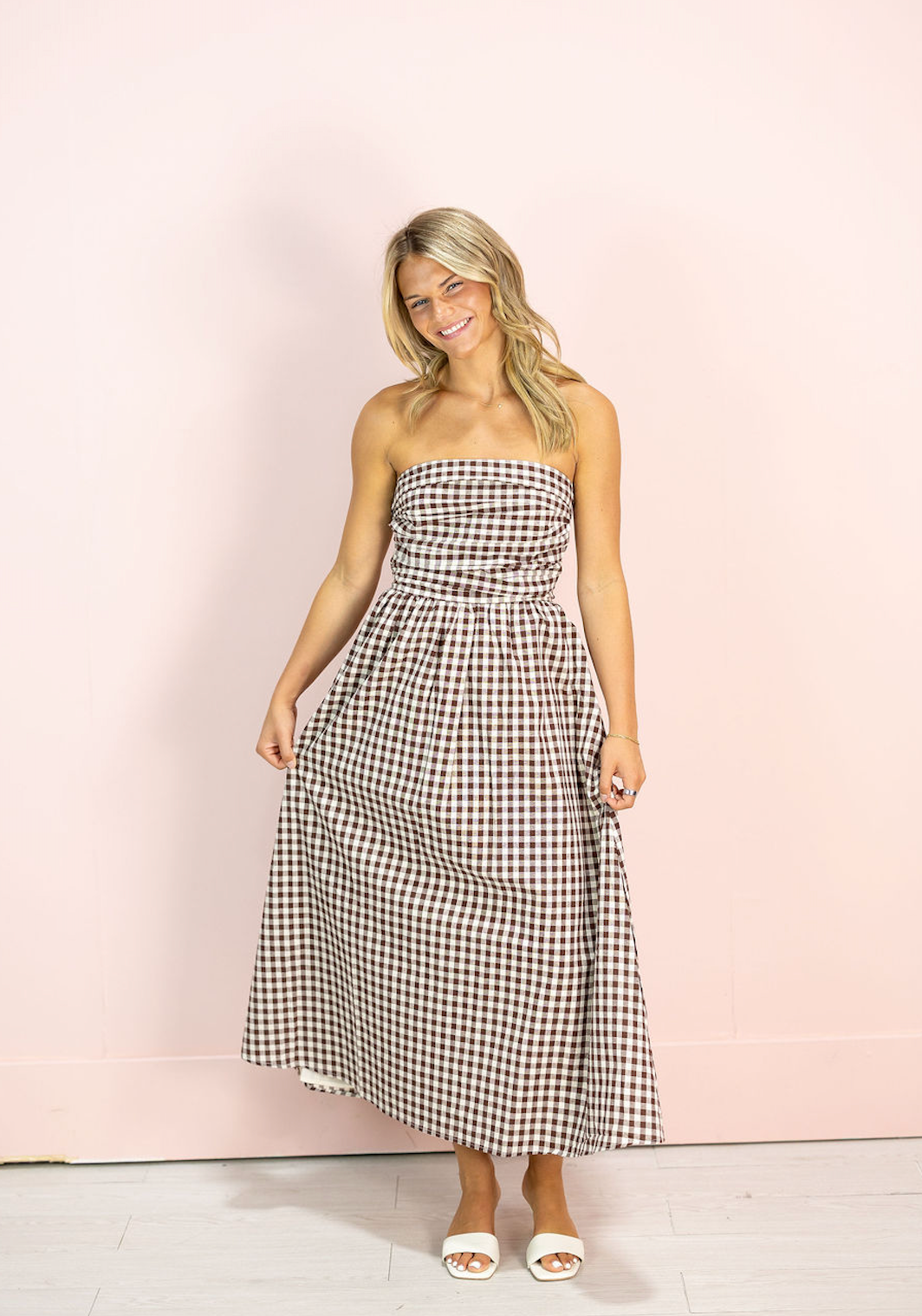 Brown Gingham Strapless Dress