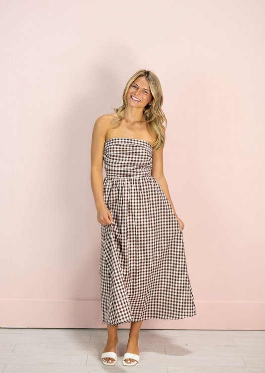 Brown Gingham Strapless Dress