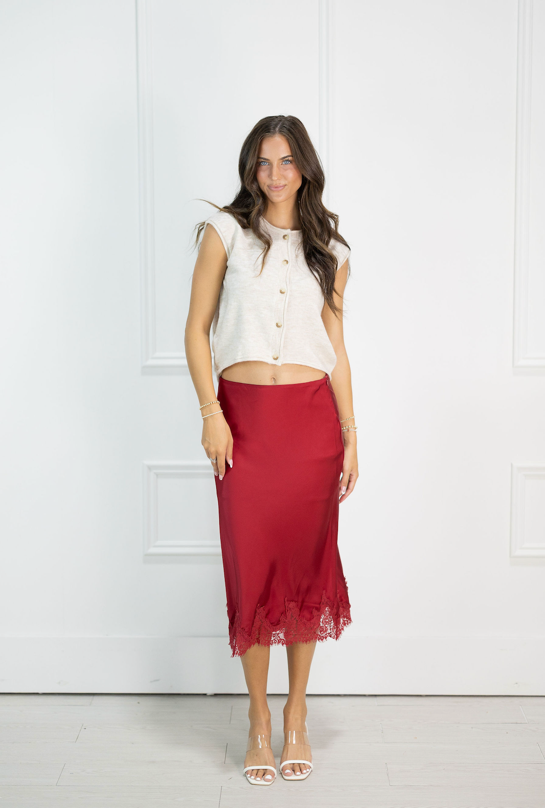 Crimson Lace Hem Skirt