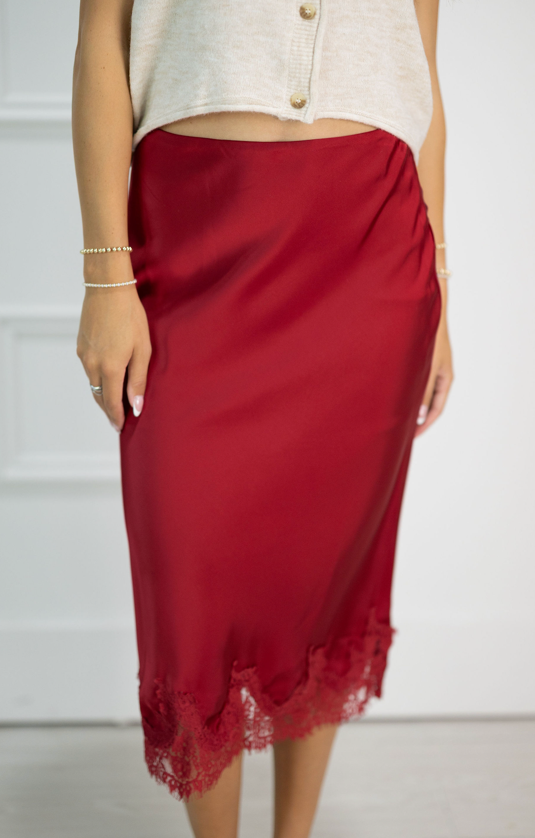 Crimson Lace Hem Skirt