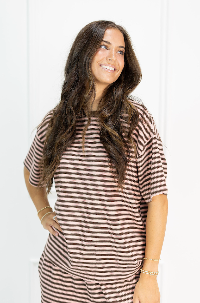 Brushed Knit Stripe Tee Pink