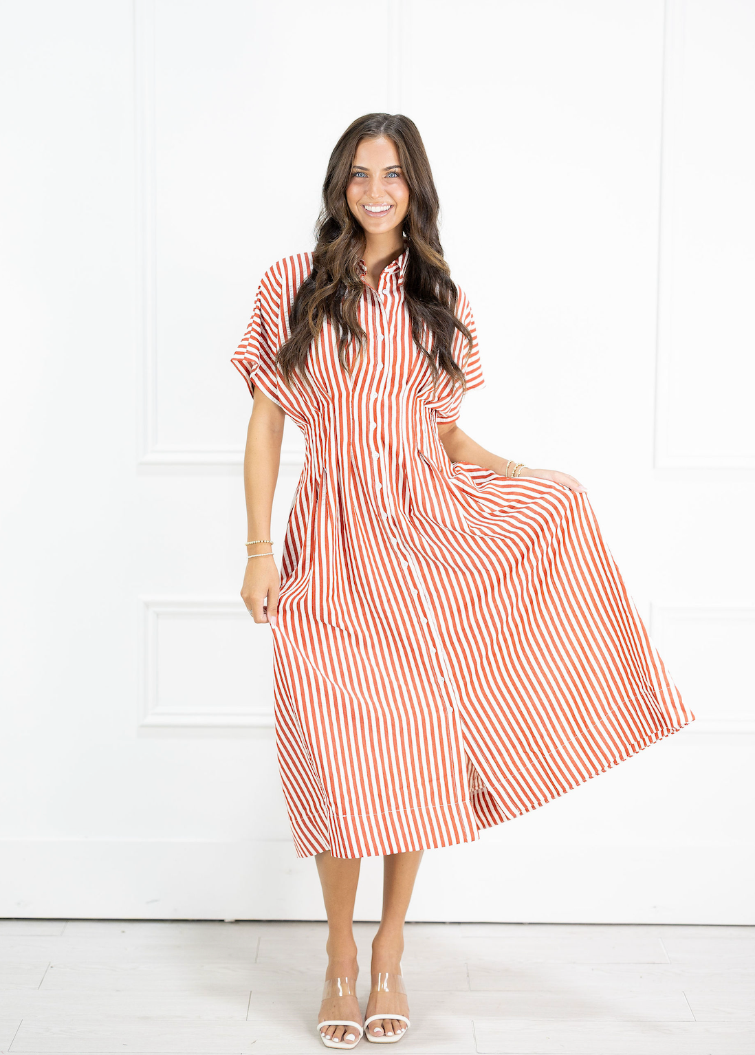 Red Stripes Collared Midi Dress
