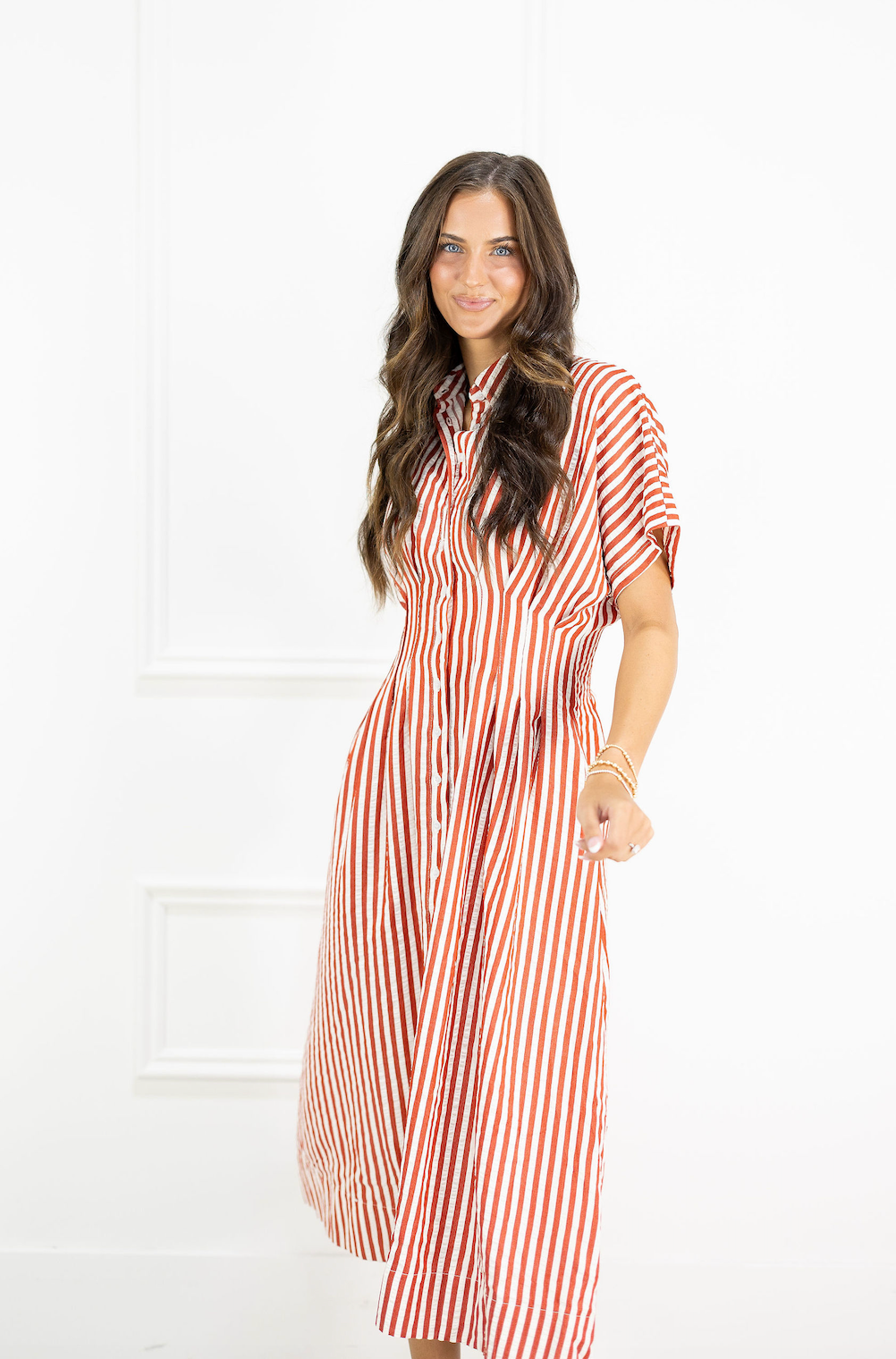 Red Stripes Collared Midi Dress