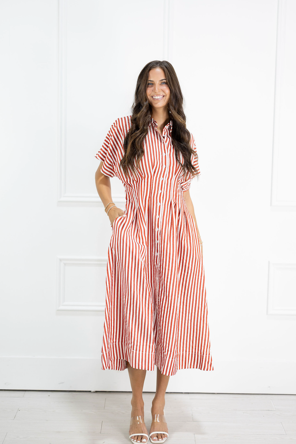 Red Stripes Collared Midi Dress