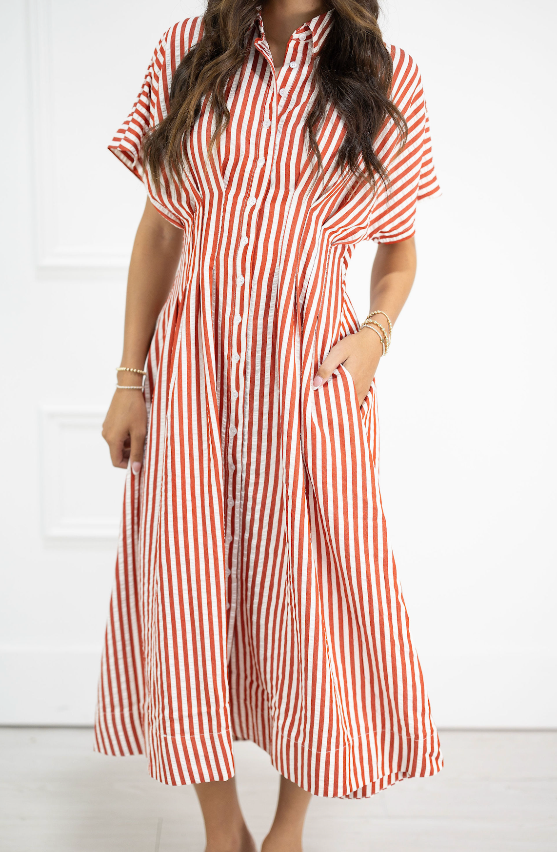 Red Stripes Collared Midi Dress
