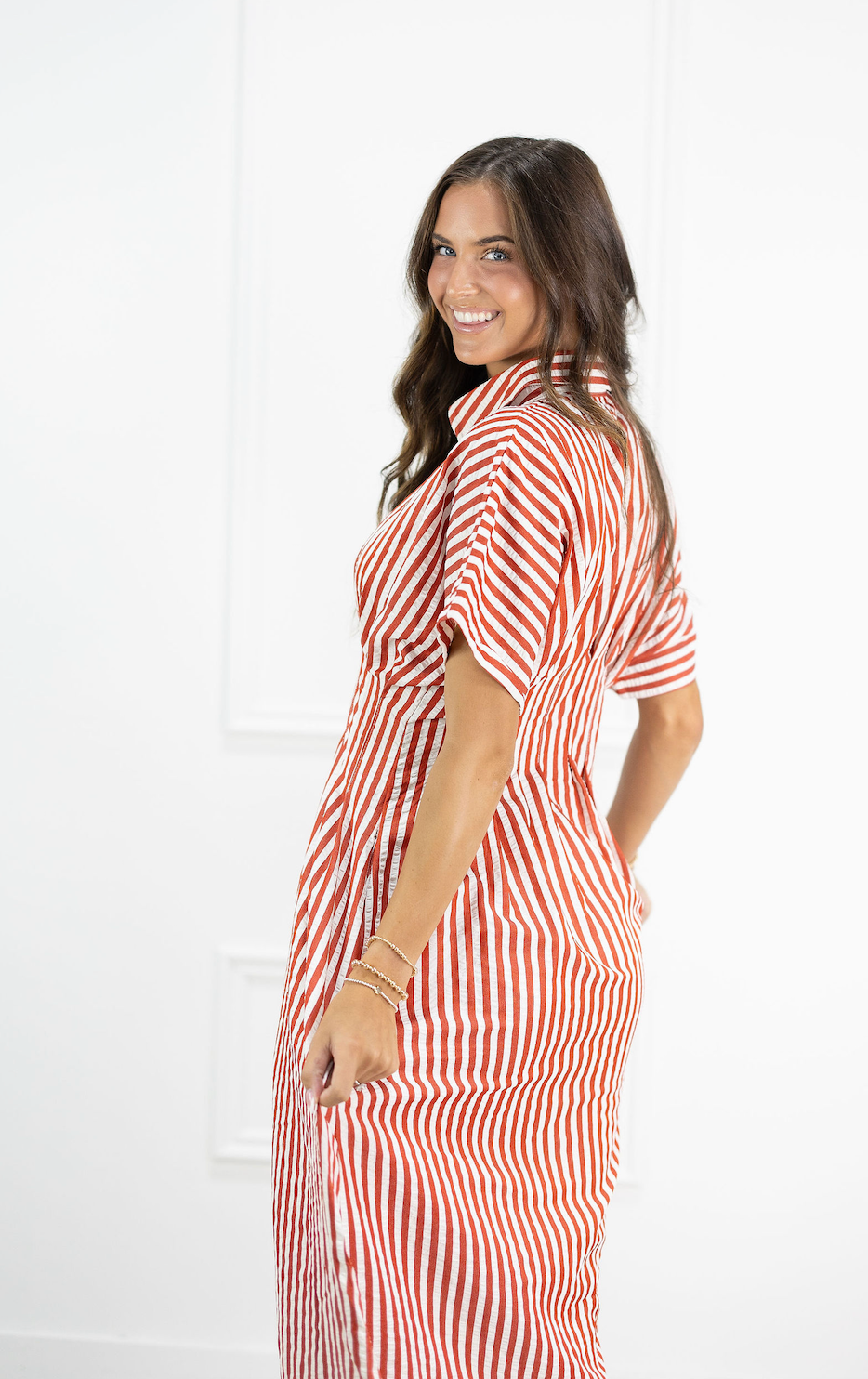 Red Stripes Collared Midi Dress