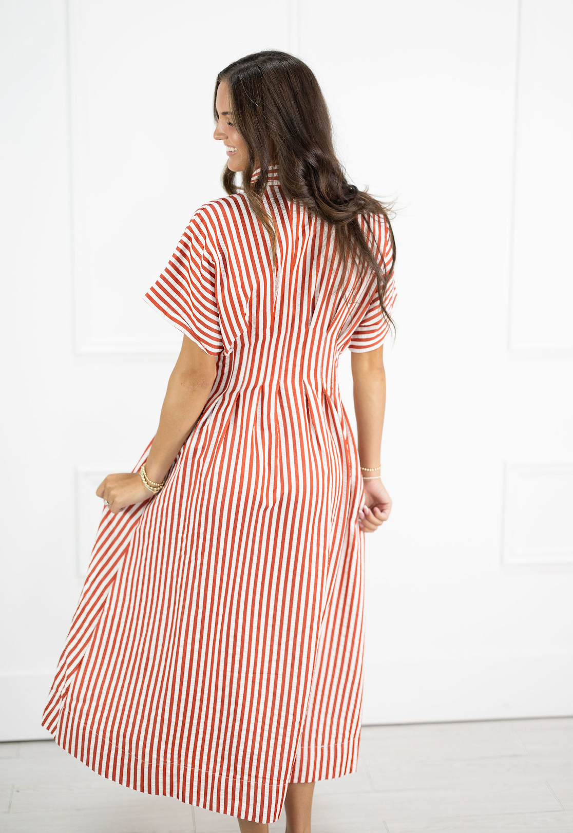 Red Stripes Collared Midi Dress