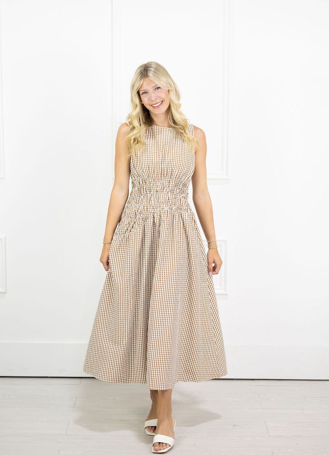 Brown Gingham Ruched Midi Dress