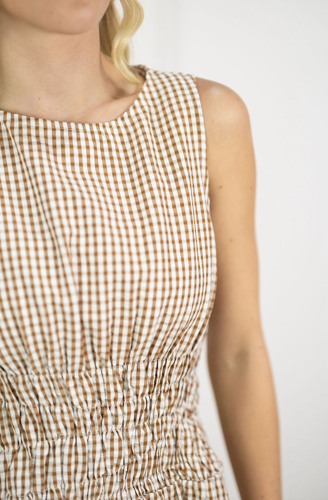 Brown Gingham Ruched Midi Dress