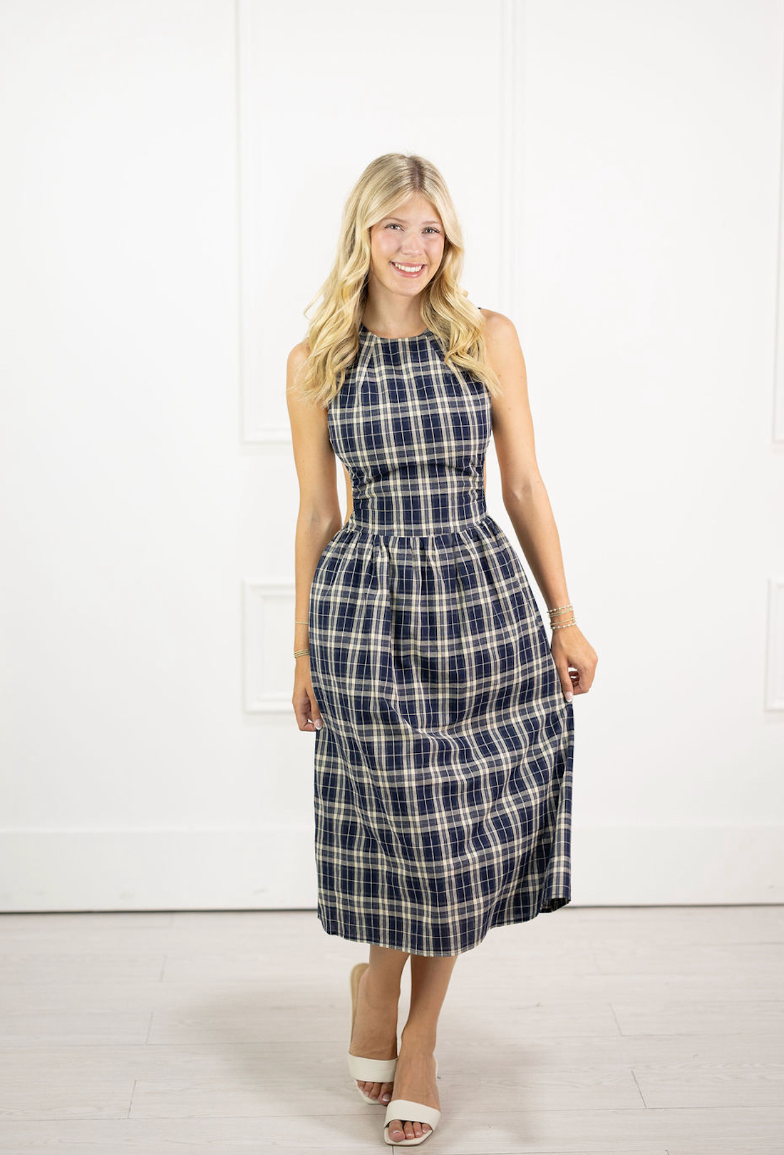 Navy Plaid Open Back Midi Dress