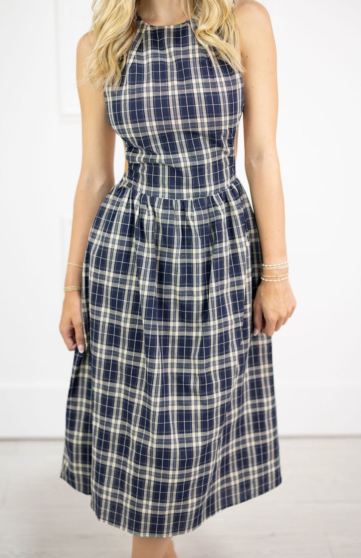 Navy Plaid Open Back Midi Dress