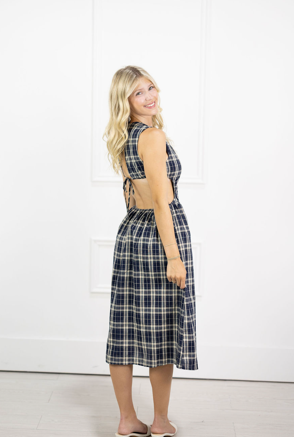 Navy Plaid Open Back Midi Dress