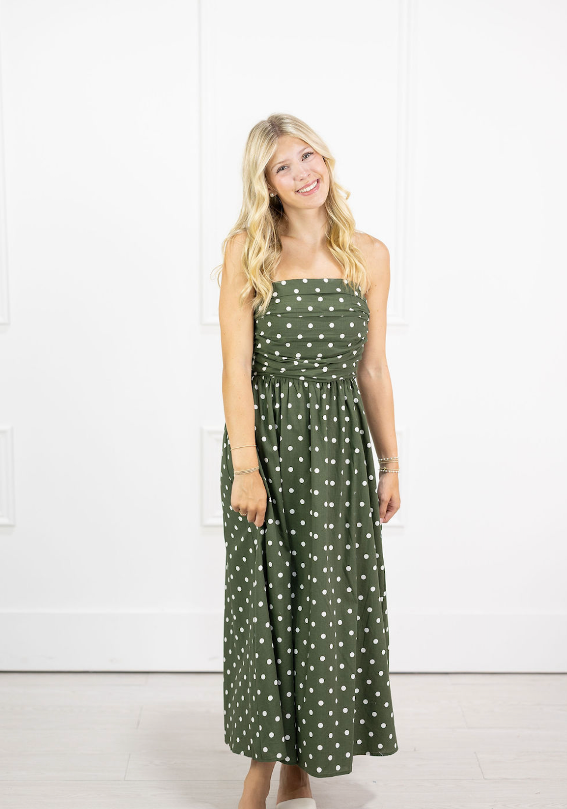 Olive Polka Dot Strapless Midi Dress