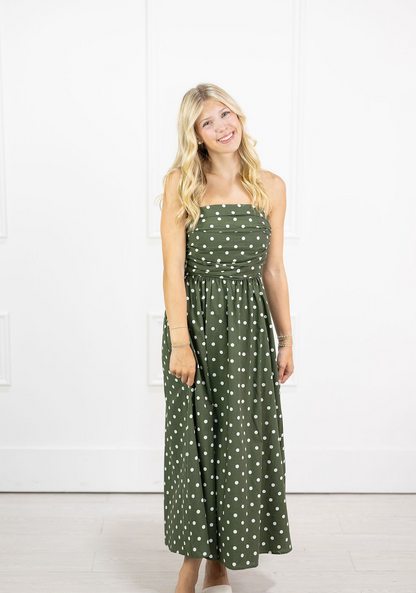 Olive Polka Dot Strapless Midi Dress