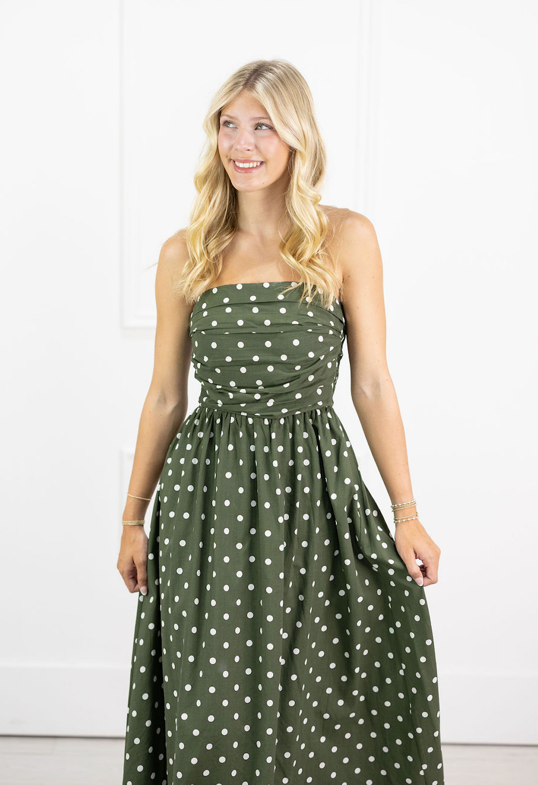 Olive Polka Dot Strapless Midi Dress
