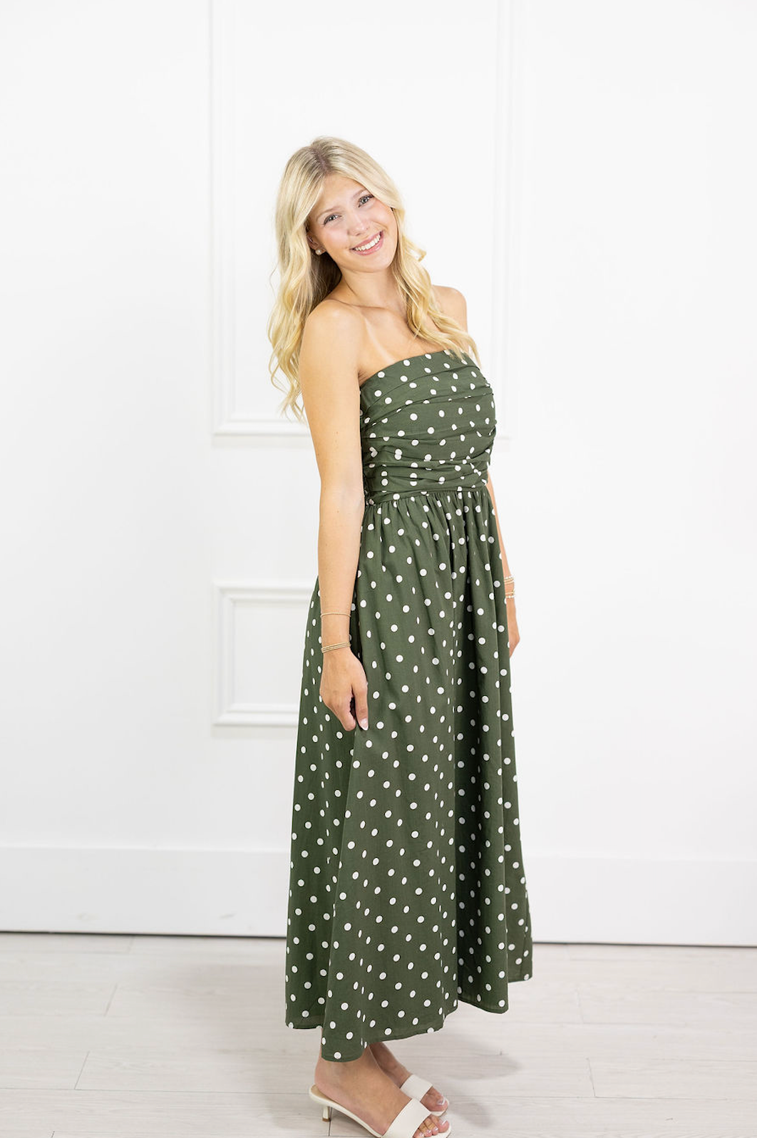 Olive Polka Dot Strapless Midi Dress