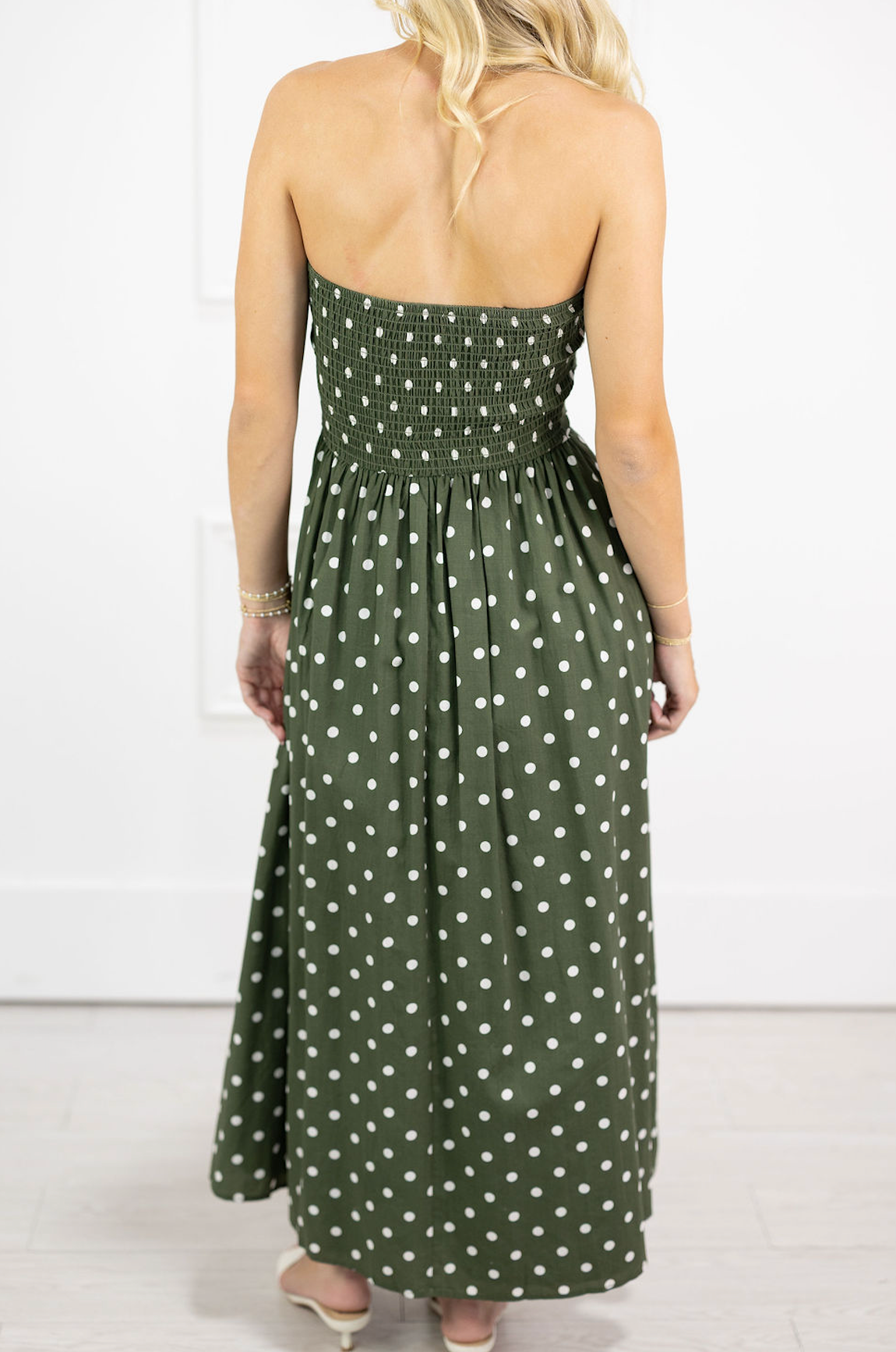 Olive Polka Dot Strapless Midi Dress