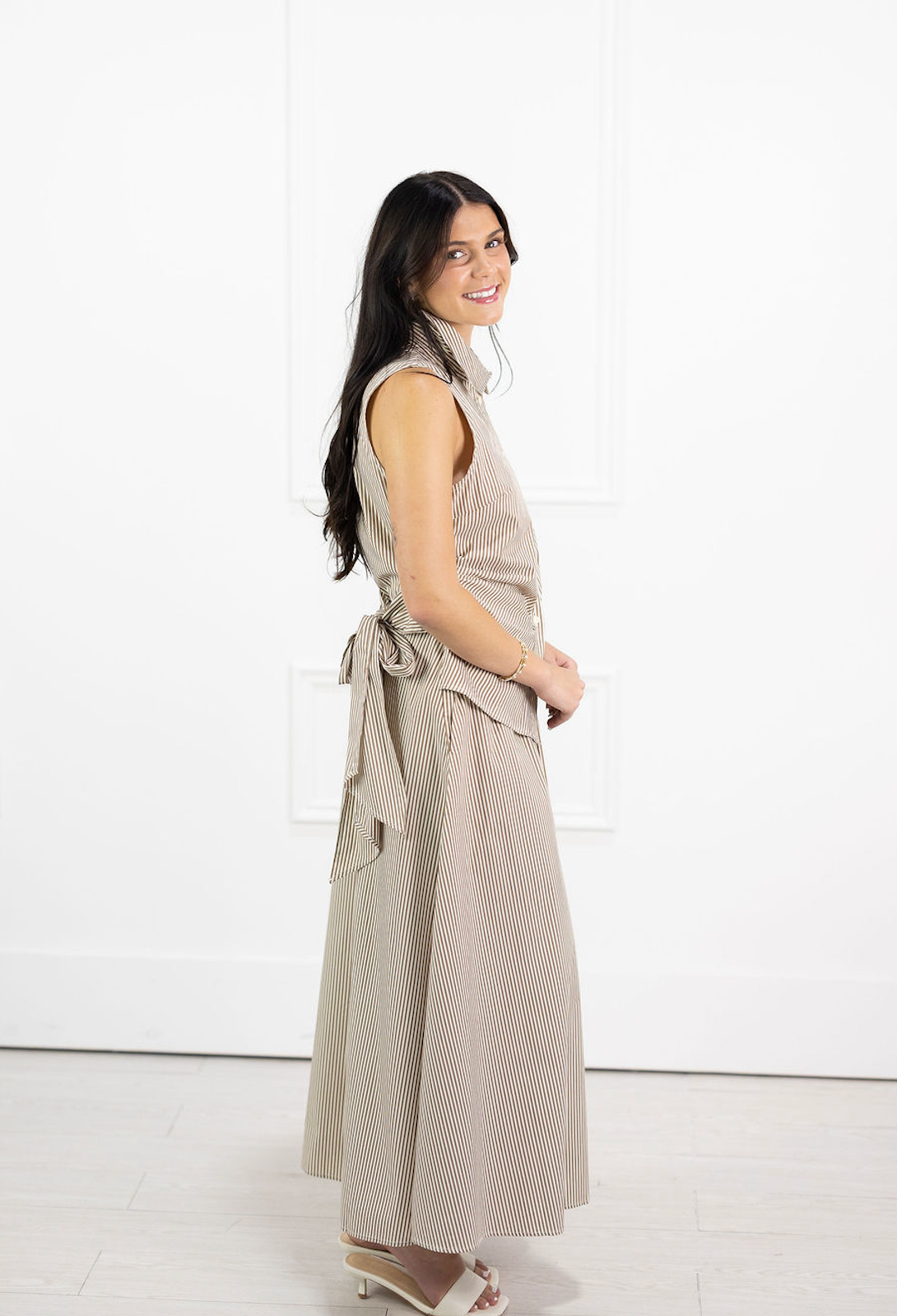 Stripe Collared Tie Waist Maxi Dress