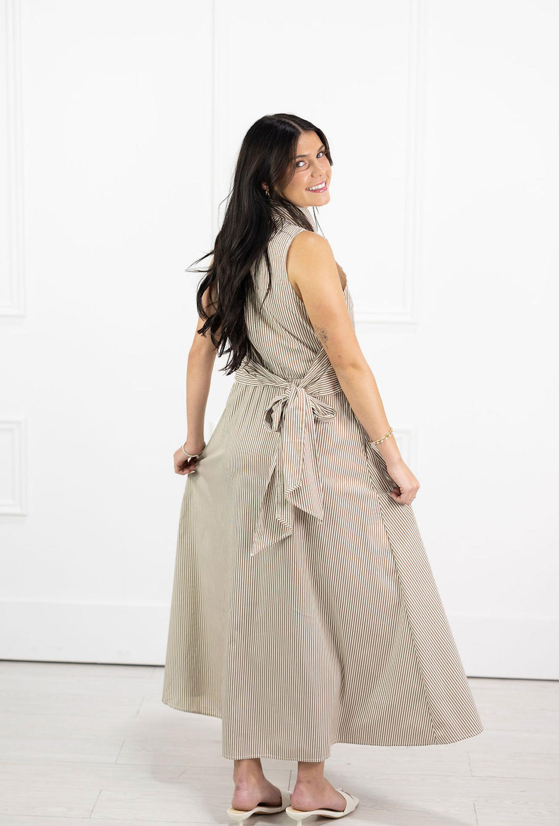 Stripe Collared Tie Waist Maxi Dress