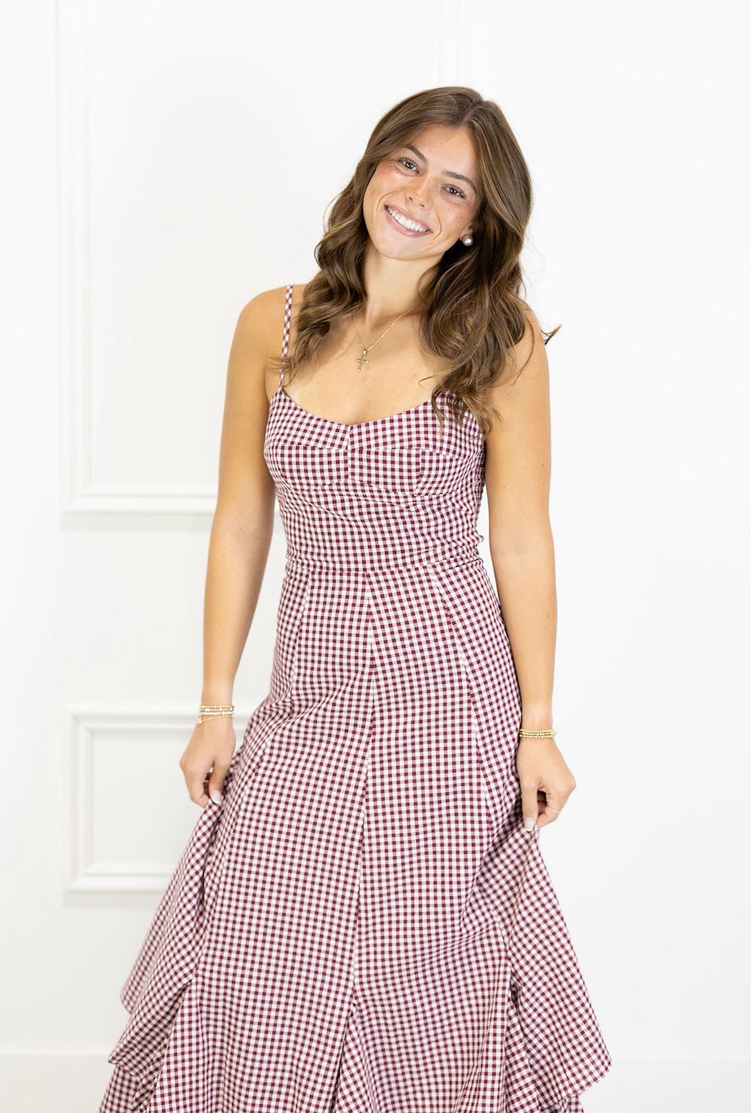 Burgundy Checker Midi Dress