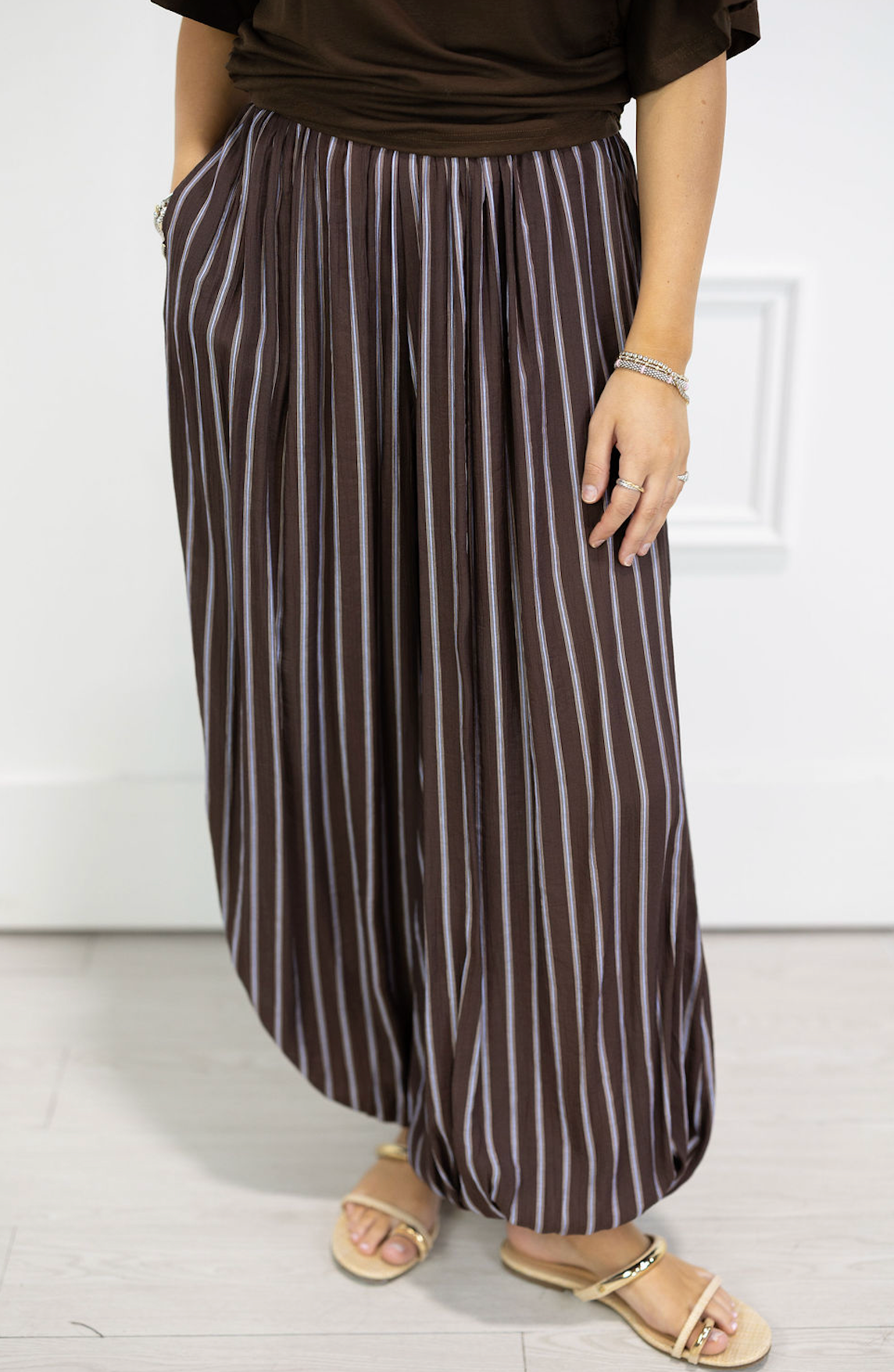 Stripe Bubble Hem Pants Brown