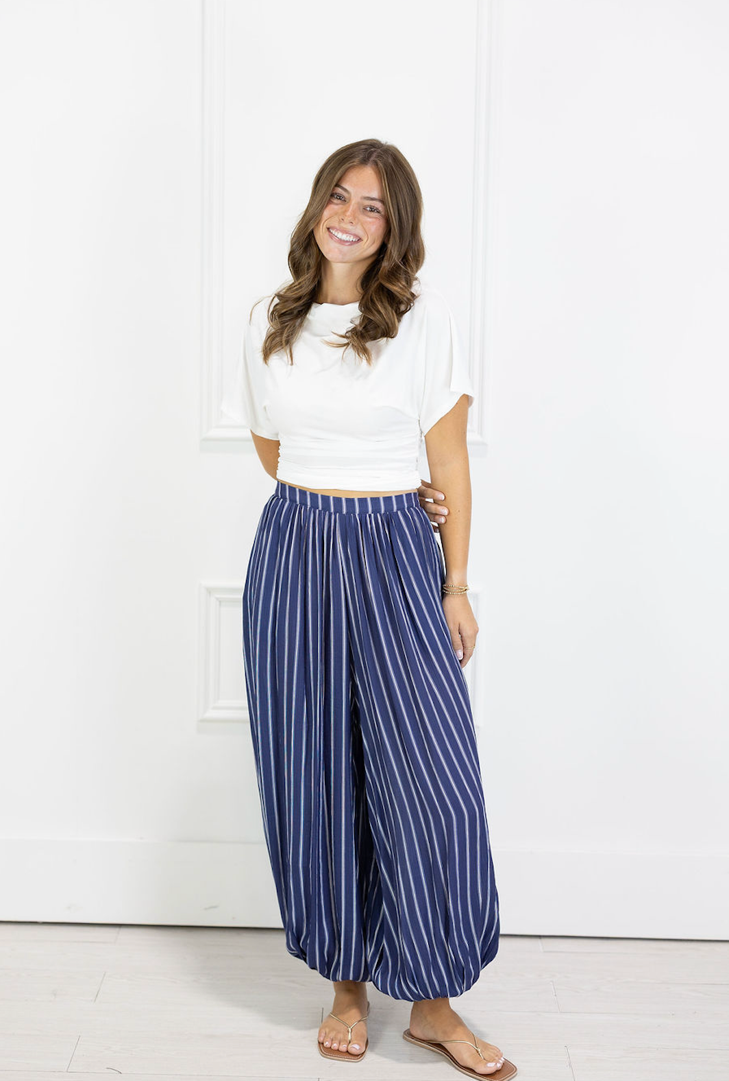 Stripe Bubble Hem Pants Navy