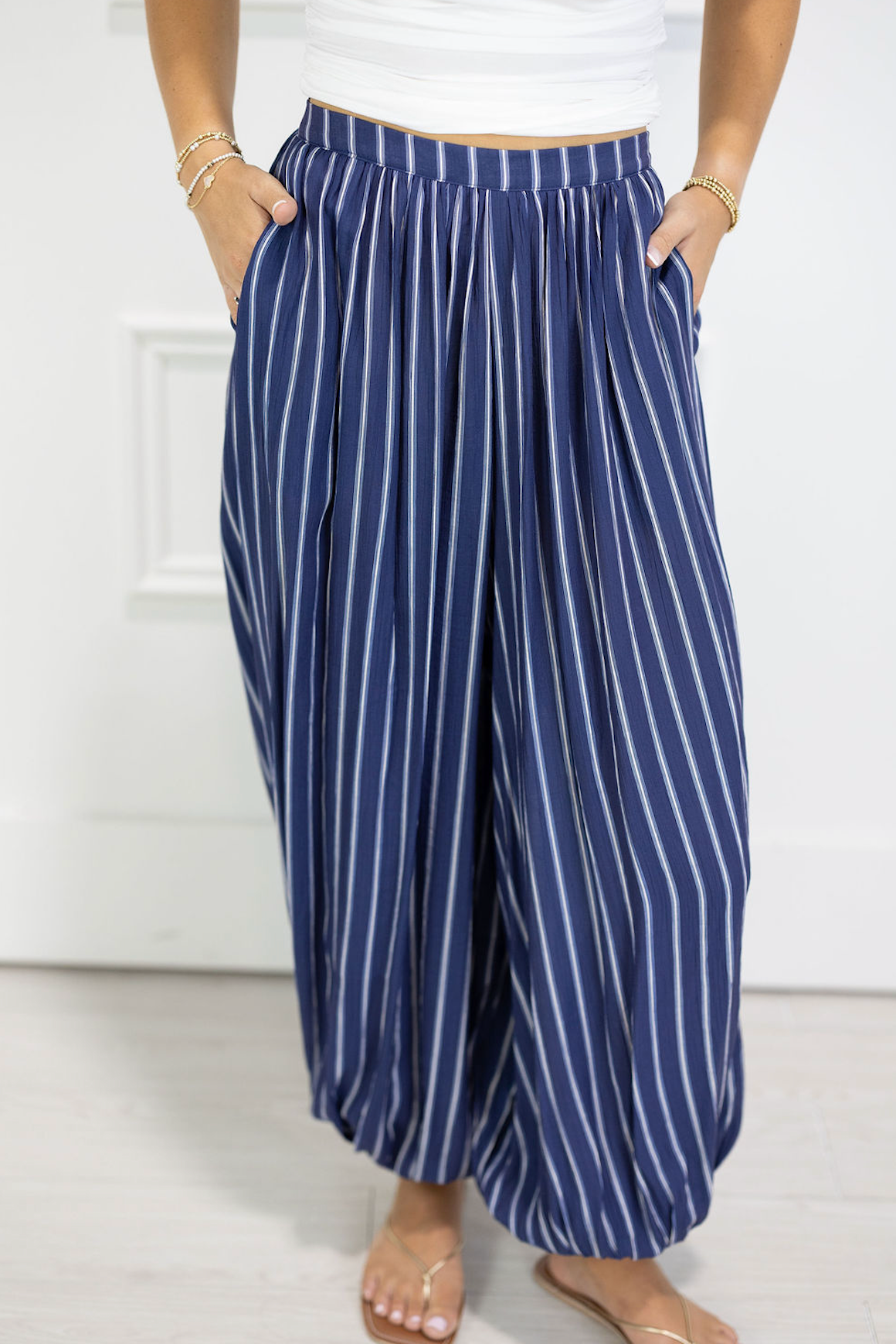 Stripe Bubble Hem Pants Navy