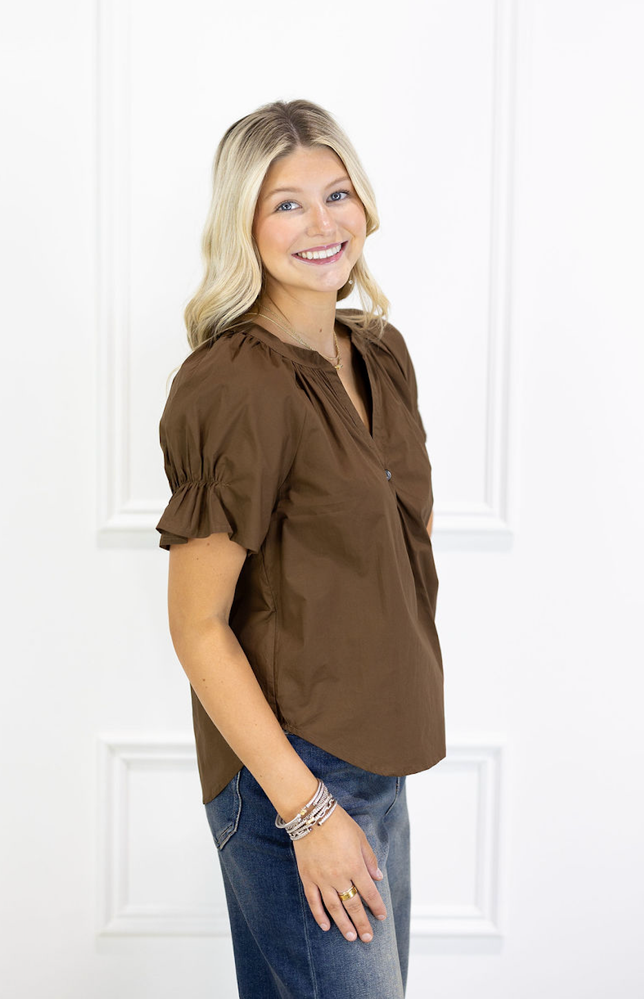 V-neck Poplin Top Brown