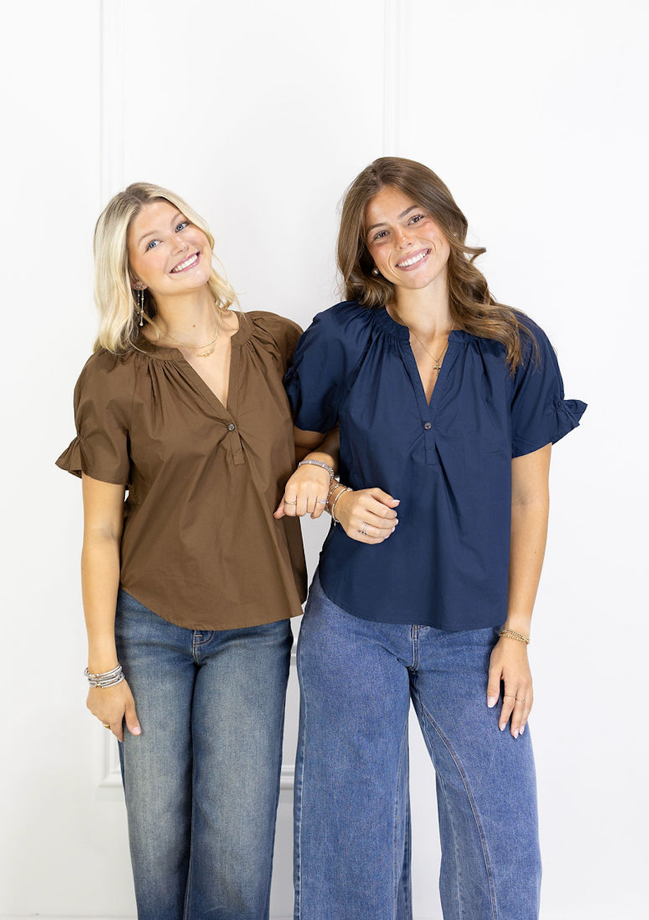 V-neck Poplin Top Brown