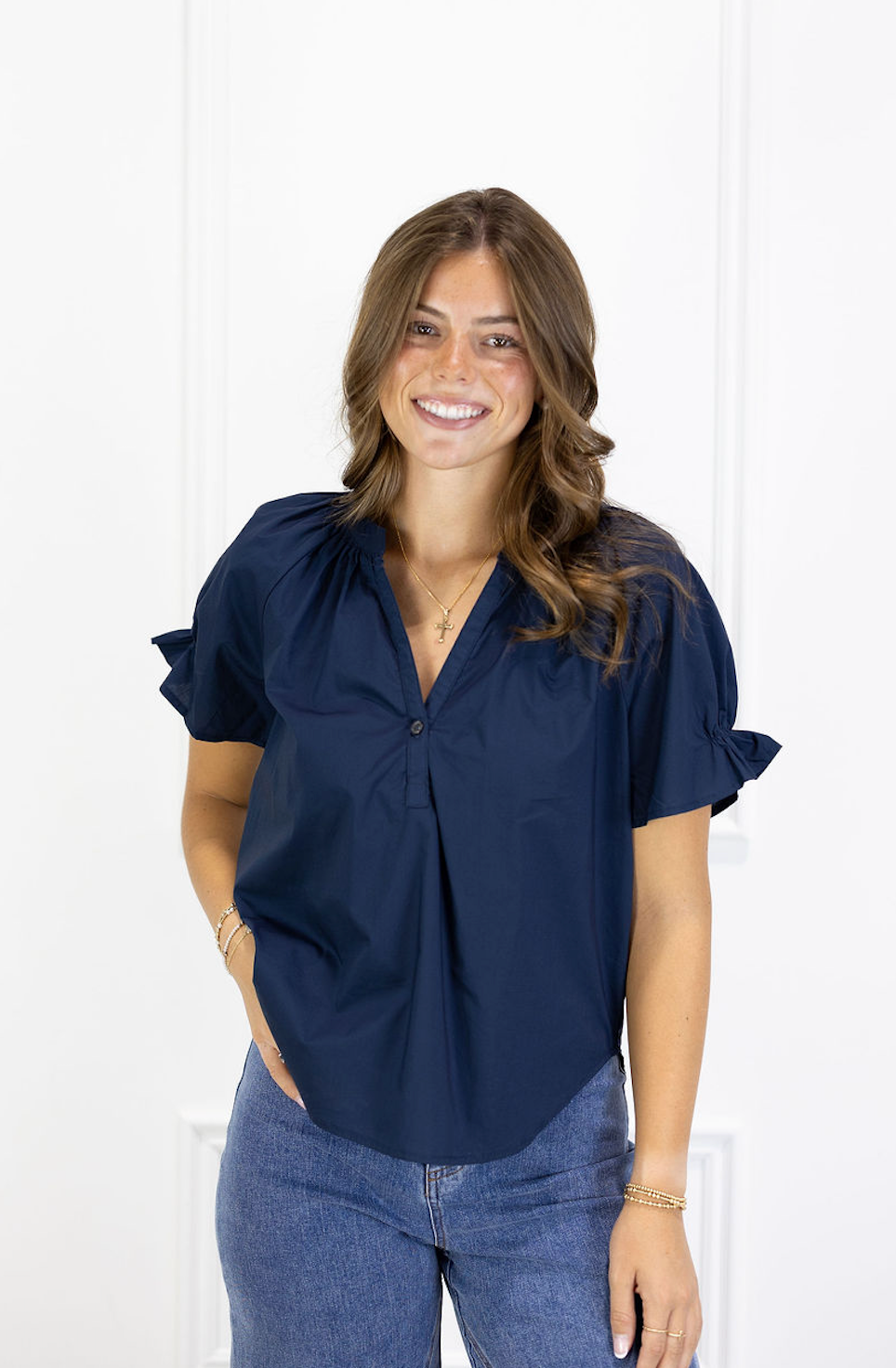 V-neck Poplin Top Navy