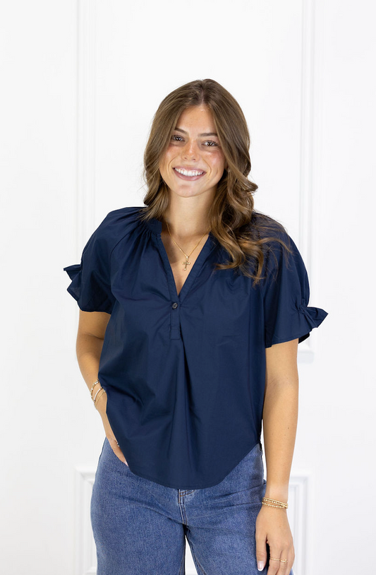 V-neck Poplin Top Navy