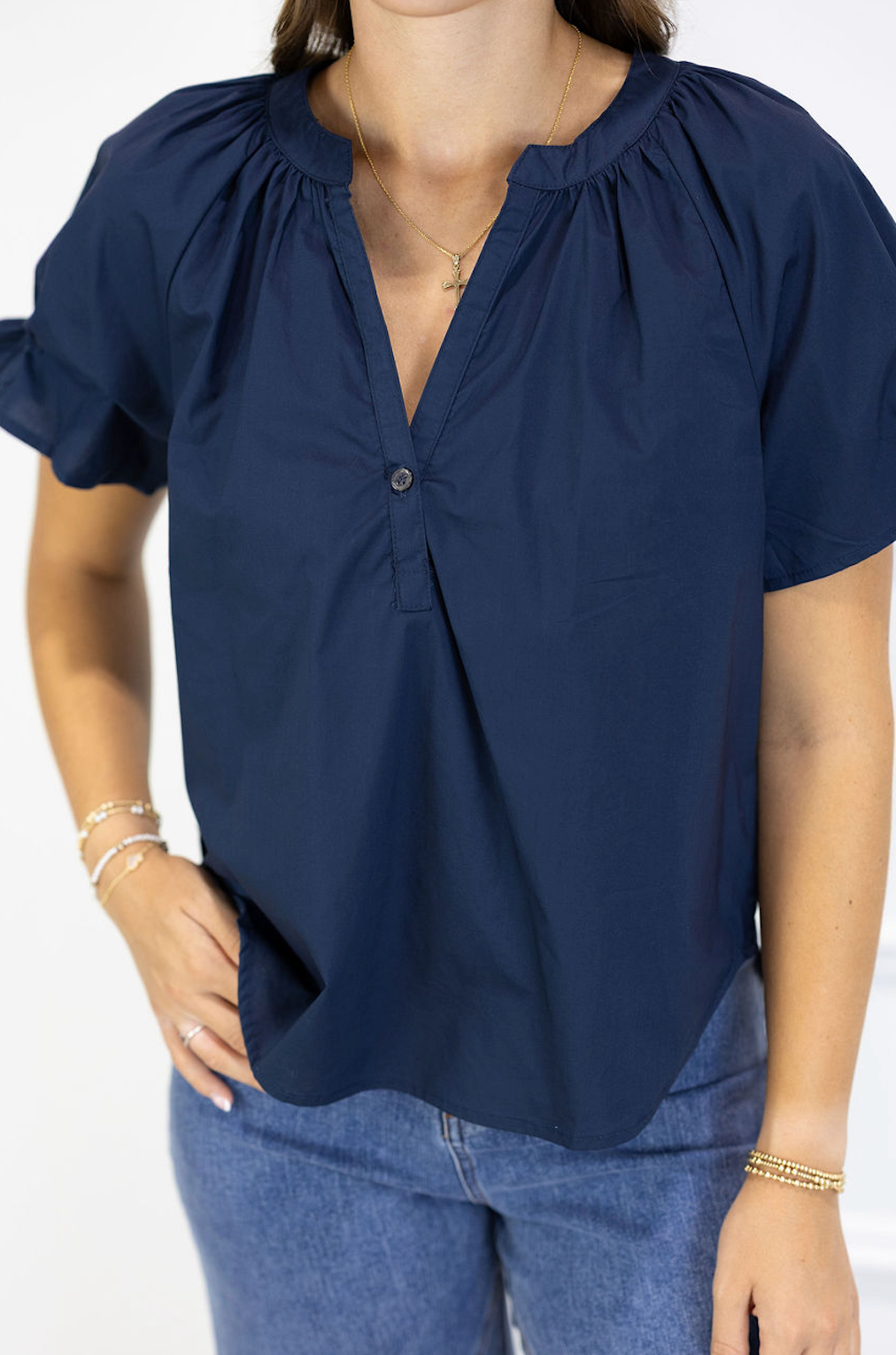 V-neck Poplin Top Navy