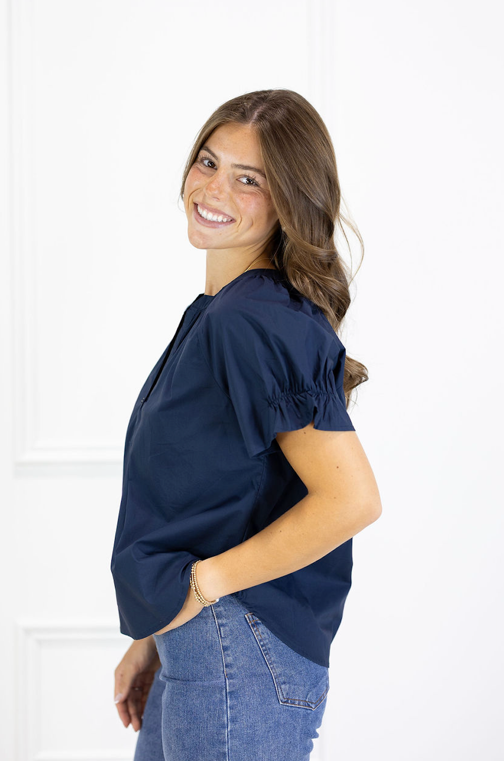 V-neck Poplin Top Navy