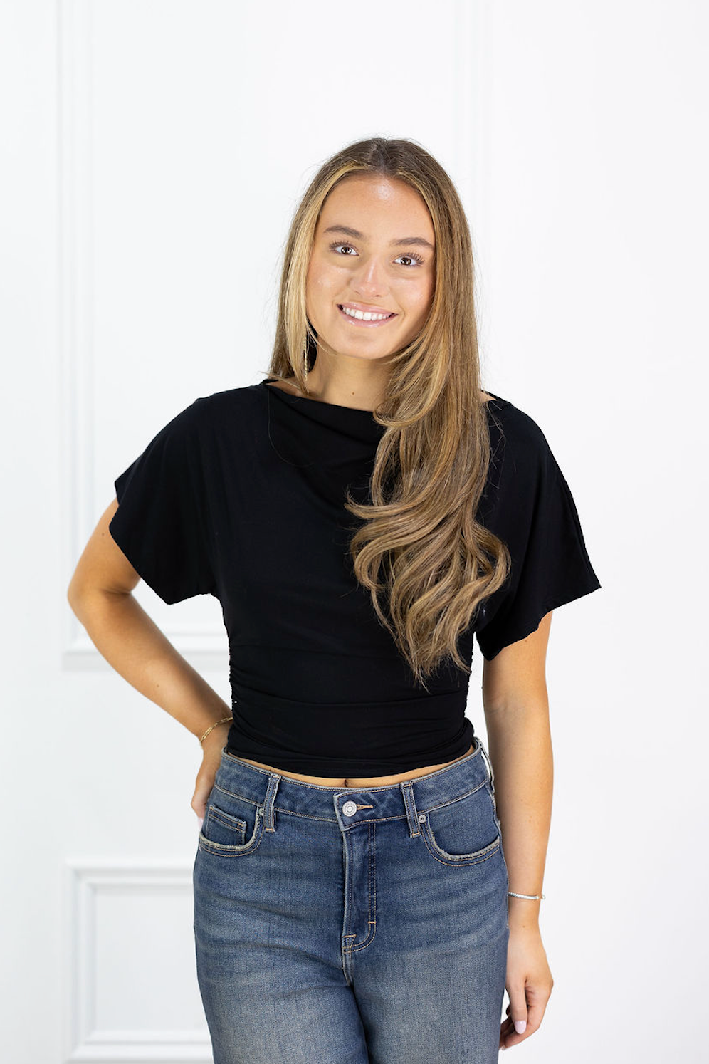 Draped Short Sleeve Top Black