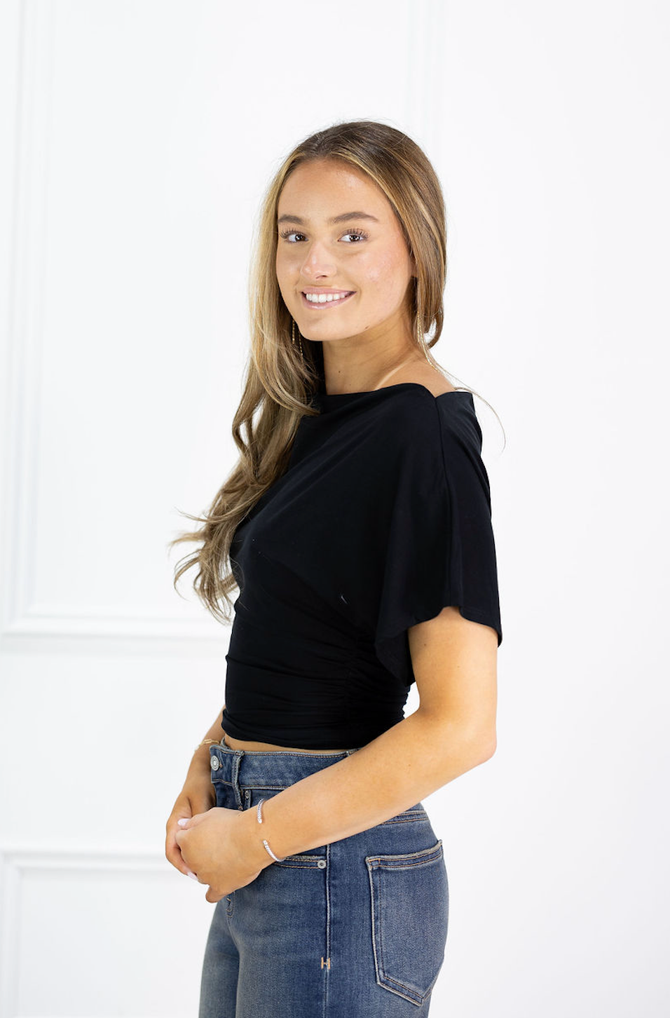 Draped Short Sleeve Top Black
