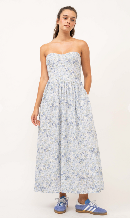Strapless Blue Floral Midi Dress