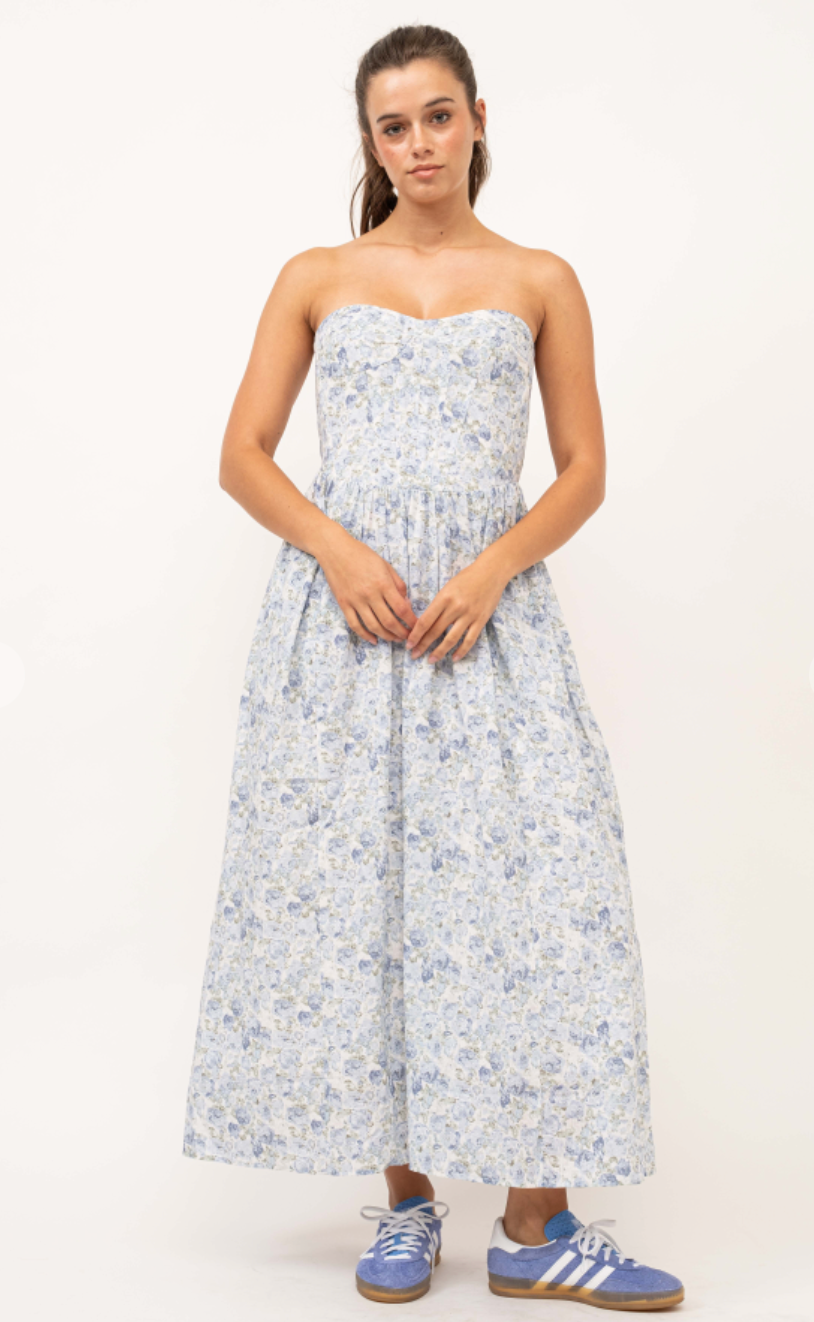 Strapless Blue Floral Midi Dress