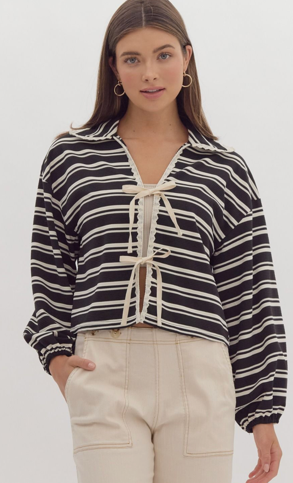 Tie Front Striped Collar Top