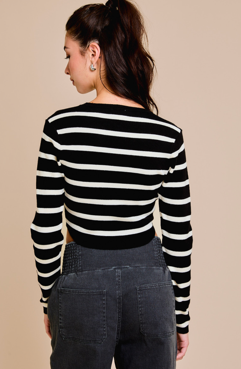 Stripe Long Sleeve Knit Top Black
