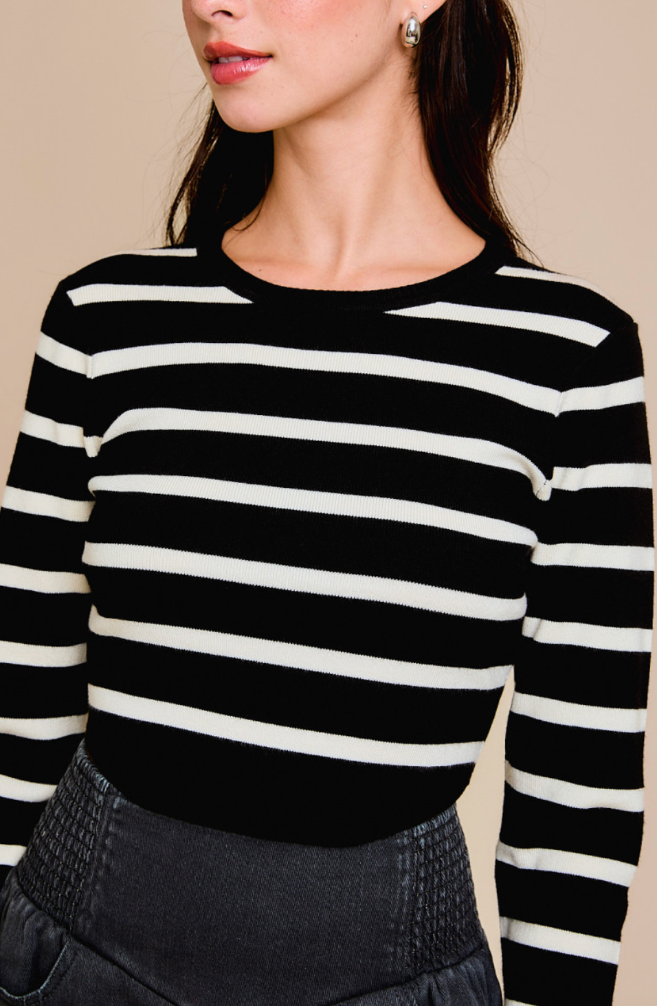 Stripe Long Sleeve Knit Top Black