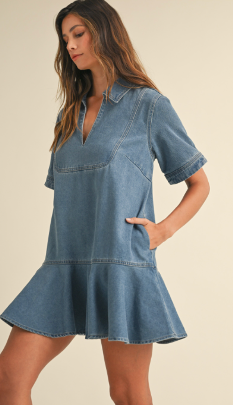 ruffle denim dress Ruffled Button Up Cap Sleeve Dusty Blue / S This denim wash romper has a skort skirt and strapless top Denim Ruffle Hem Dress