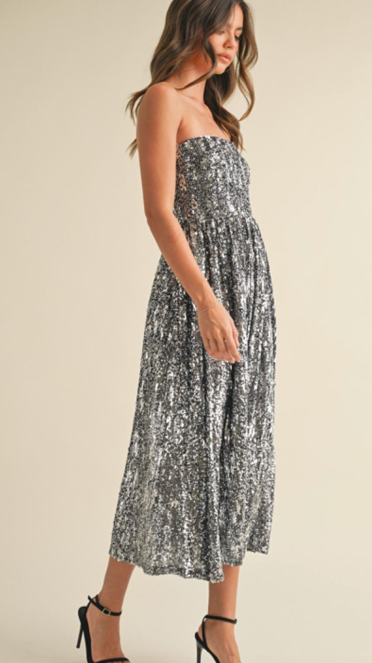 sequin strapless midi dress Black and Silver Velvet Sequin Strapless Midi Dress | Womens | Large (Available in XS, S, M) | 100% Polyester