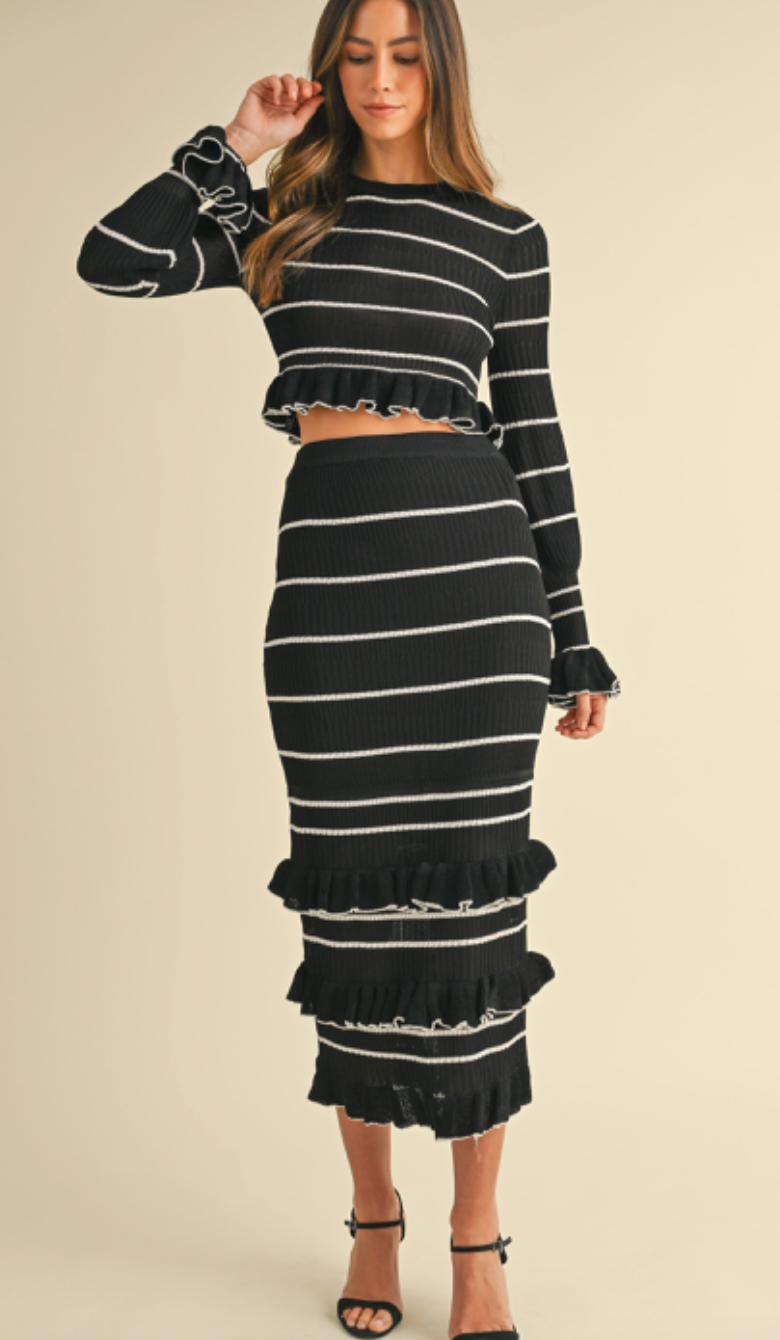 Midi Ruffle Knit Stripe Set of 2 Black