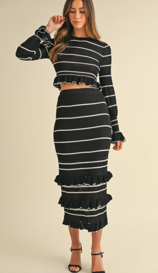 Midi Ruffle Knit Stripe Set of 2 Black
