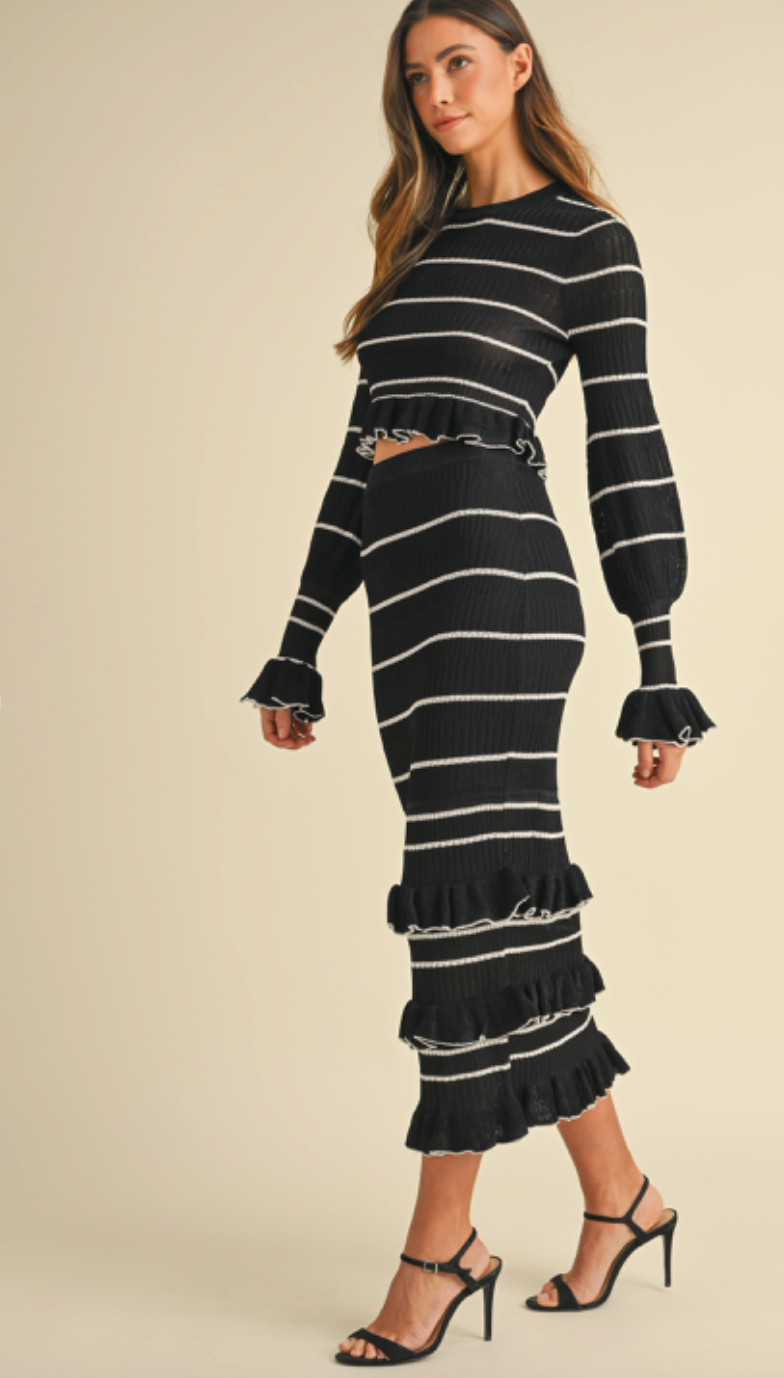 Midi Ruffle Knit Stripe Set of 2 Black