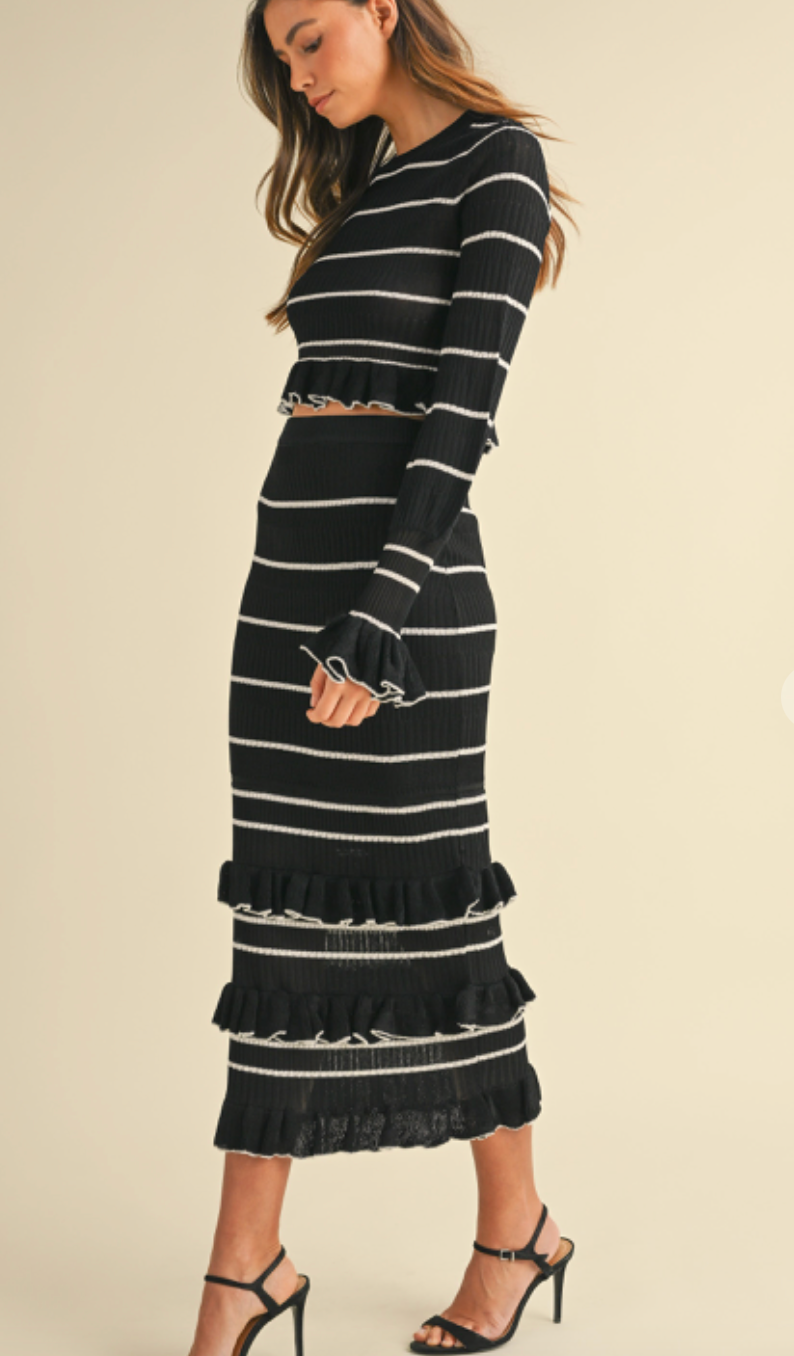 Midi Ruffle Knit Stripe Set of 2 Black