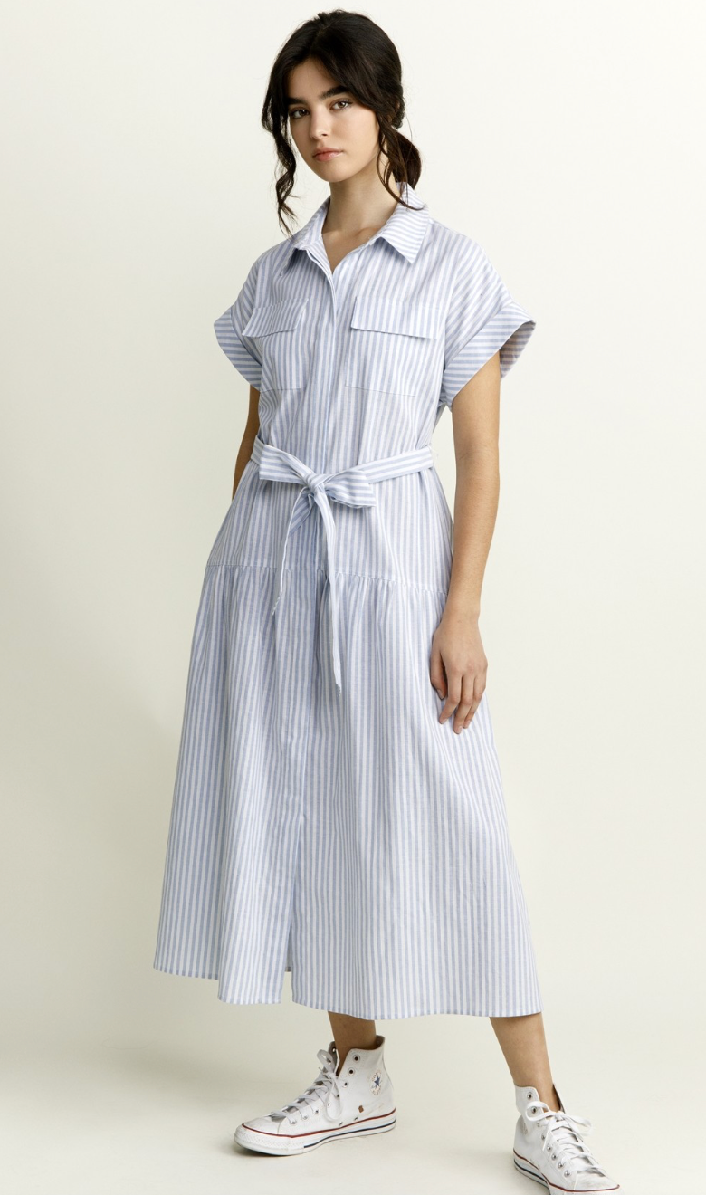 Blue Stripe Belted Midi Dress