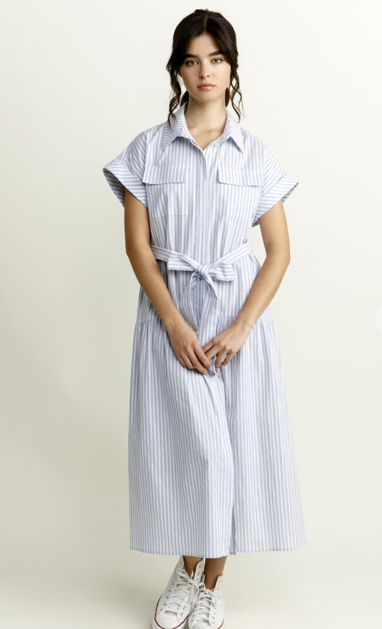 Blue Stripe Belted Midi Dress