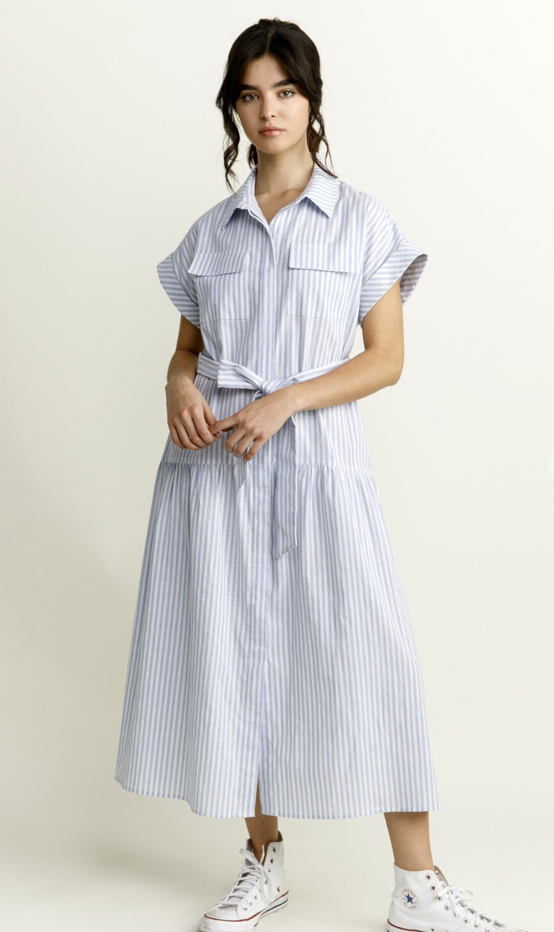 Blue Stripe Belted Midi Dress